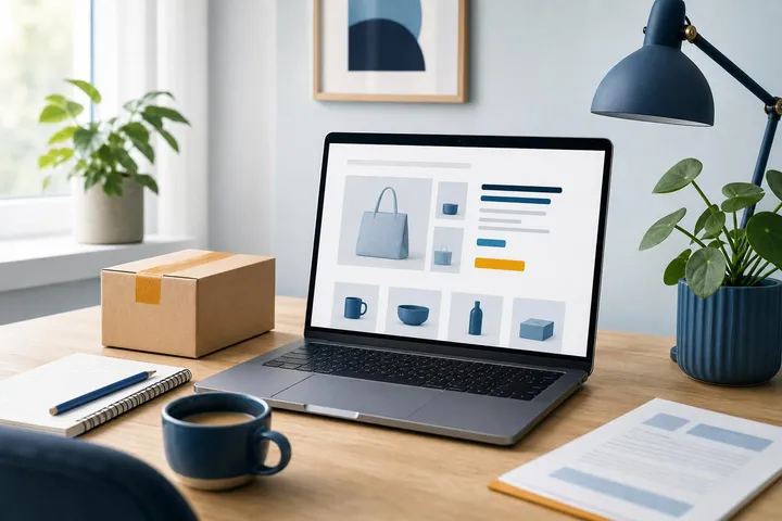 Een thuiswerkplek met laptop en een verzenddoos voor een kleine online zaak
