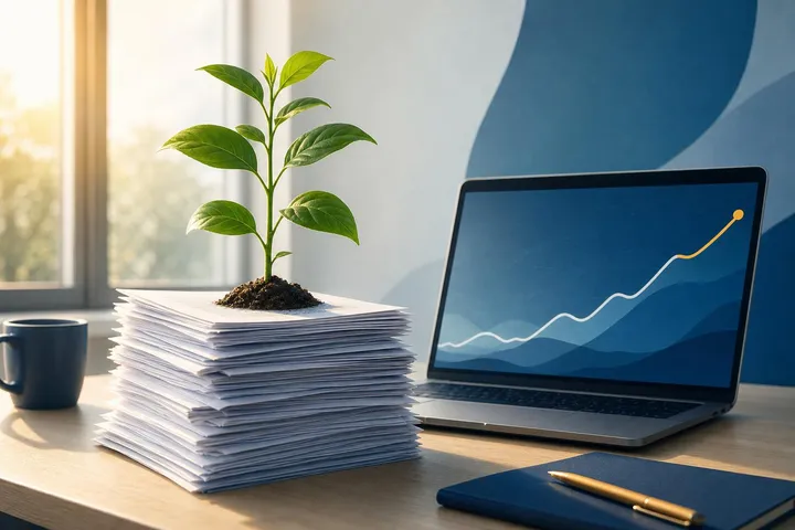 Een plant die groeit naast een laptop met een stijgende grafiek
